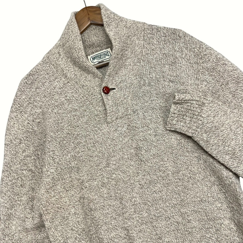 Vintage American Eagle Mens M Shawl Collar Wool Sweater Oatmeal Marl Knit Preppy